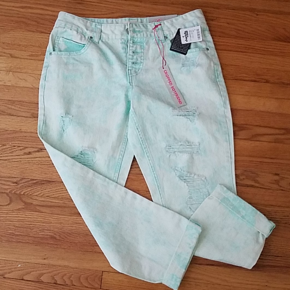 Refuge Mint Green Distressed Cropped Boyfriend